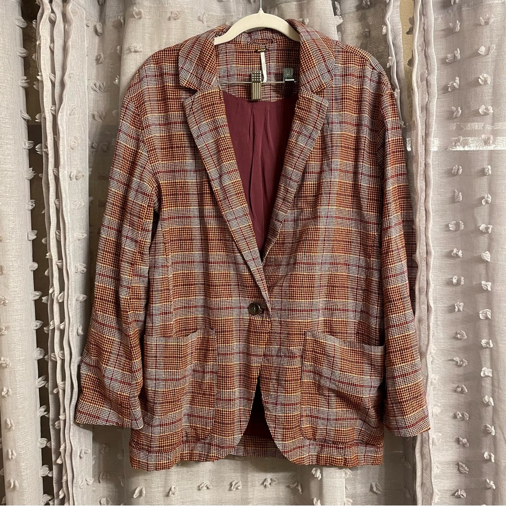 Free People Red and Brown Plaid Blazer